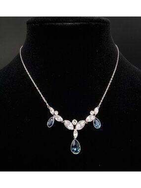 Rare Find Swarovski Silver-Tone Necklace With Blue & Clear Crystal Teardrop